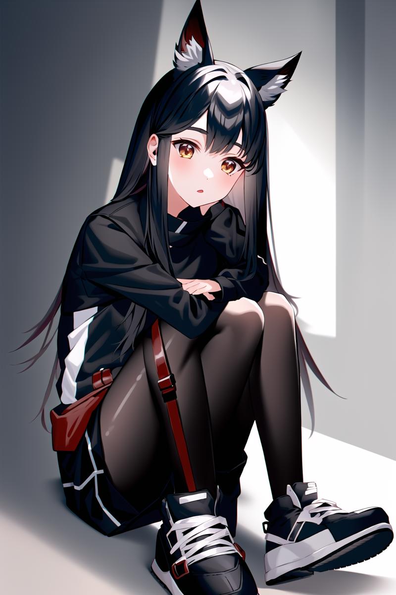 99850380-3911915414-1girl, animal ears, dark hair, medium hair, arknights, intricate details, black shorts, sneakers.png